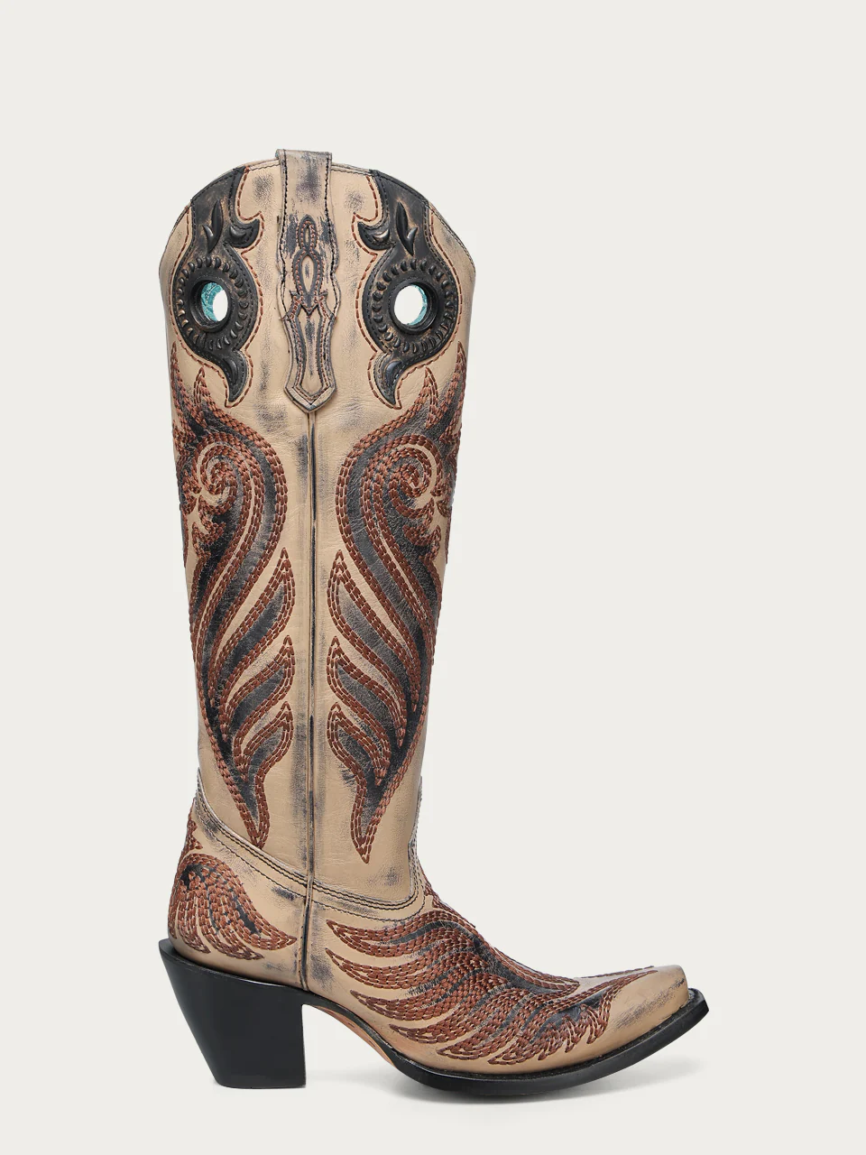 A4817 - WOMEN'S TAUPE OVERLAY RUBBER APPLICATION EMBROIDERY TALL TOP WITH PULL HOLES SNIP TOE COWBOY BOOT - Image 2