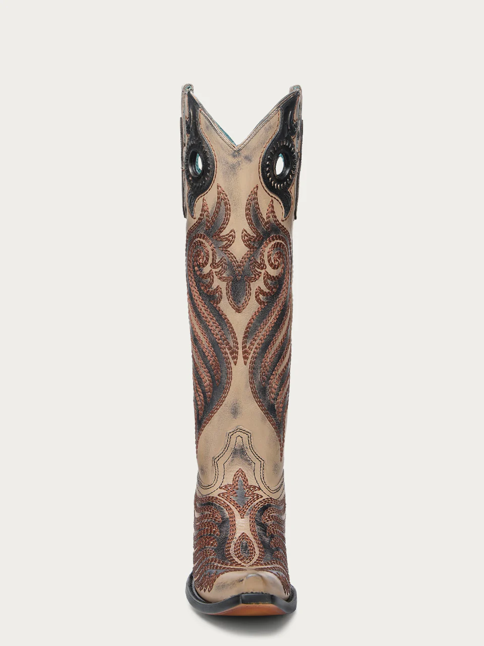 A4817 - WOMEN'S TAUPE OVERLAY RUBBER APPLICATION EMBROIDERY TALL TOP WITH PULL HOLES SNIP TOE COWBOY BOOT - Image 3