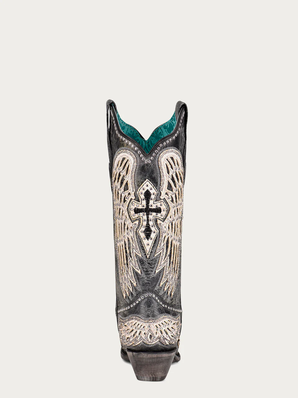 A4232 - WOMEN'S WHITE CROSS AND WINGS OVERLAY AND STUDS WORN FINISH BLACK SNIP TOE COWBOY BOOT - Image 6