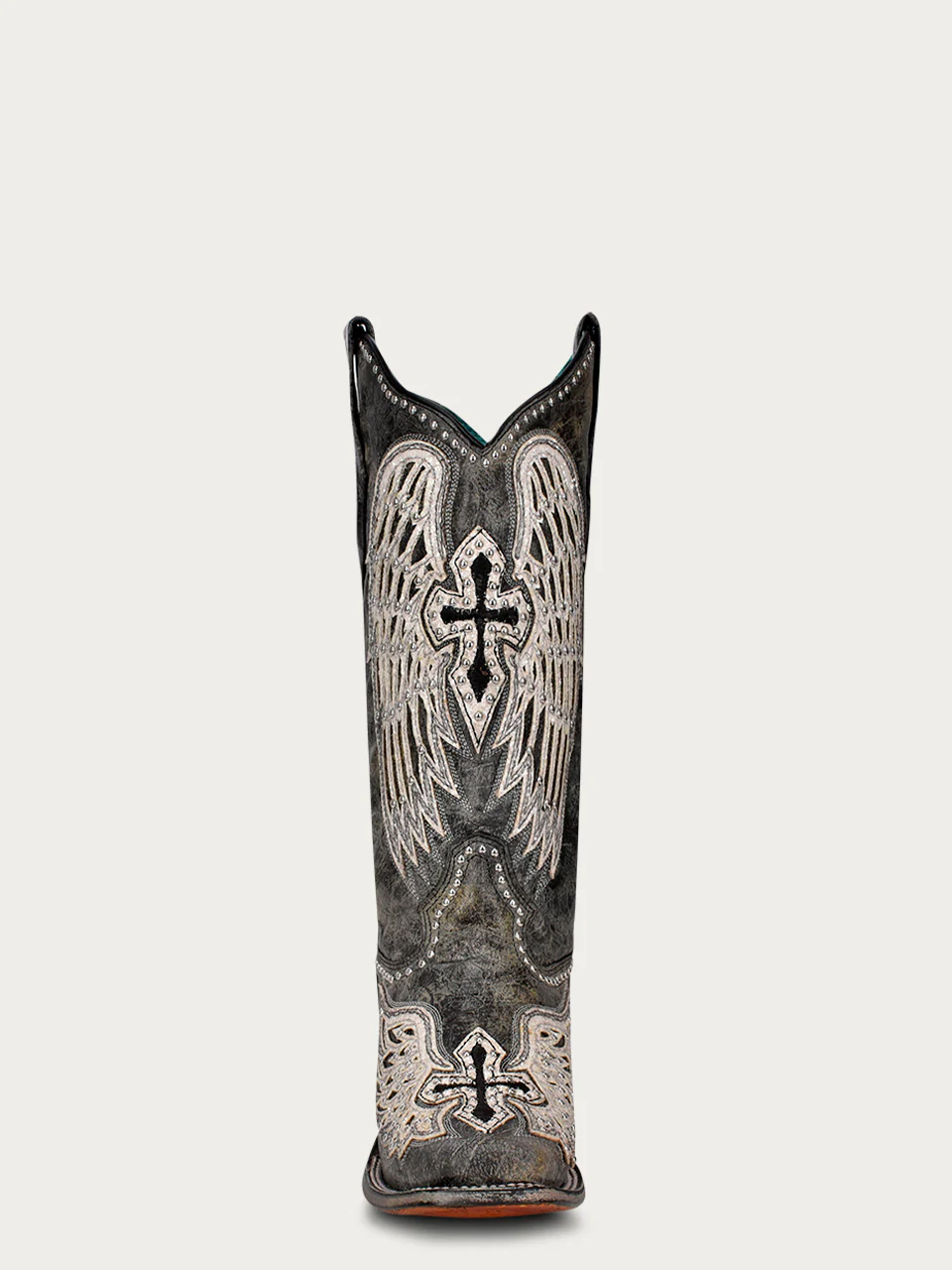 A4243 - WOMEN'S WHITE CROSS AND WINGS OVERLAY AND STUDS WORN FINISH BLACK SQUARE TOE COWBOY BOOT - Image 3