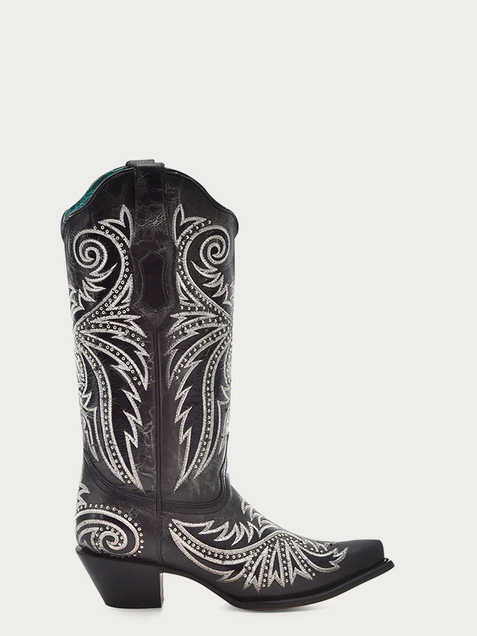 Z5209 - WOMEN'S WHITE EMBROIDERY, OVERLAY AND STUDS BLACK SNIPT TOE COWBOY BOOT - Image 3