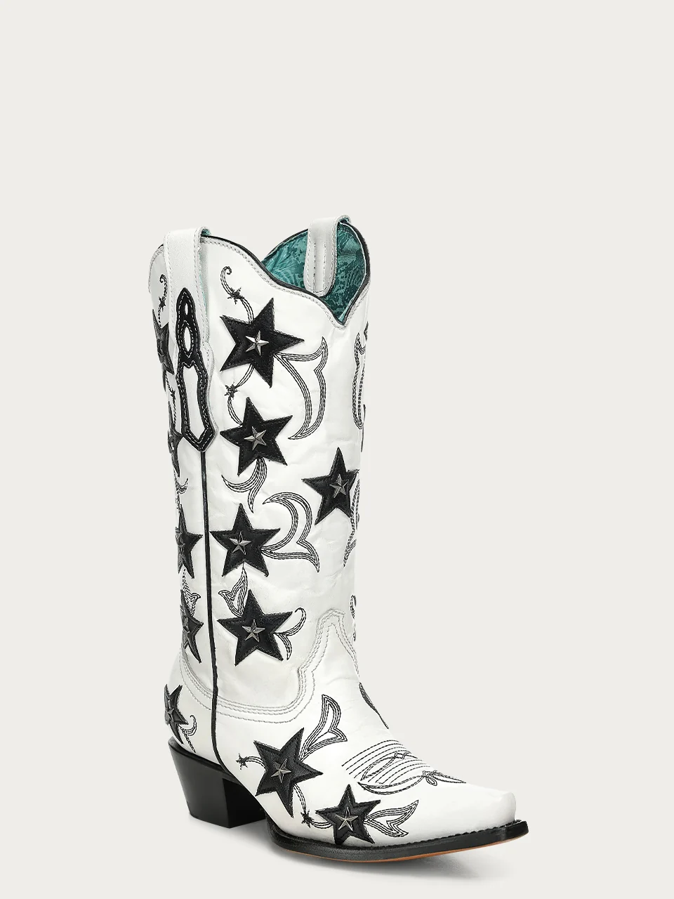 Z5542 - WOMEN'S WHITE EMBROIDERY STARS OVERLAY AND STUDS SNIP TOE COWBOY BOOT - Image 3