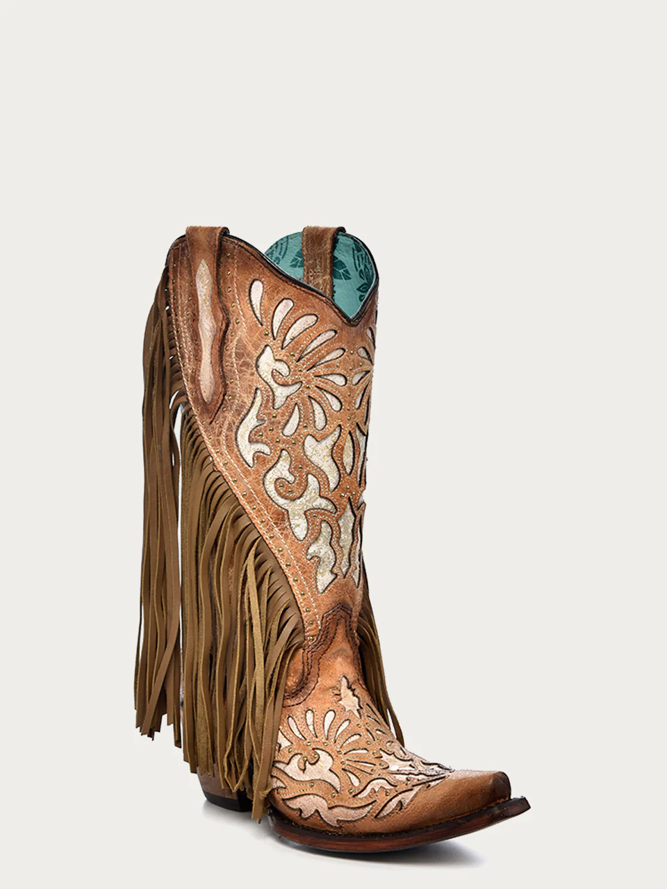 C3766 - WOMEN'S WHITE INLAY AND EMBROIDERY LAMB FRINGE SADDLE SNIP TOE COWBOY BOOT