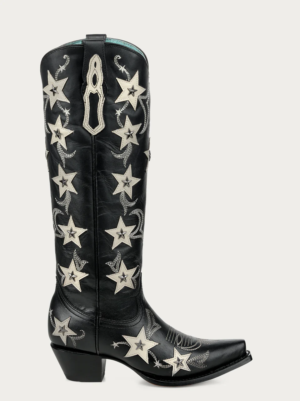 Z5548 - WOMEN'S BLACK EMBROIDERY STARS OVERLAY AND STUDS TALL TOP SNIP TOE COWBOY BOOT - Image 4